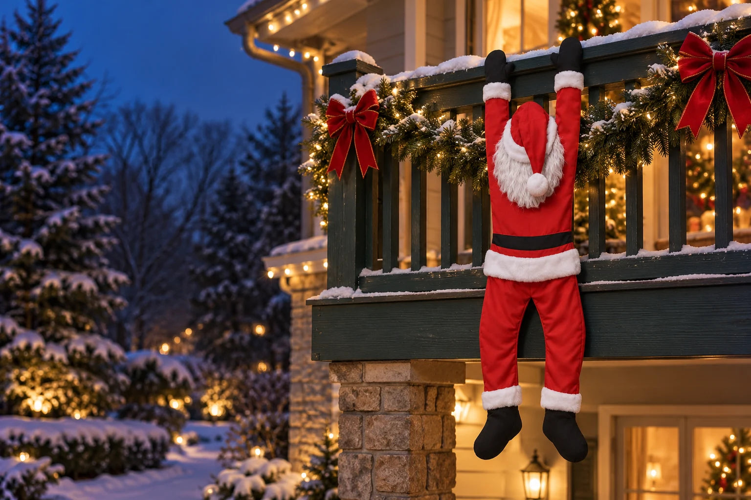 Classic hanging Santa on a garland-decorated balcony at Christmas