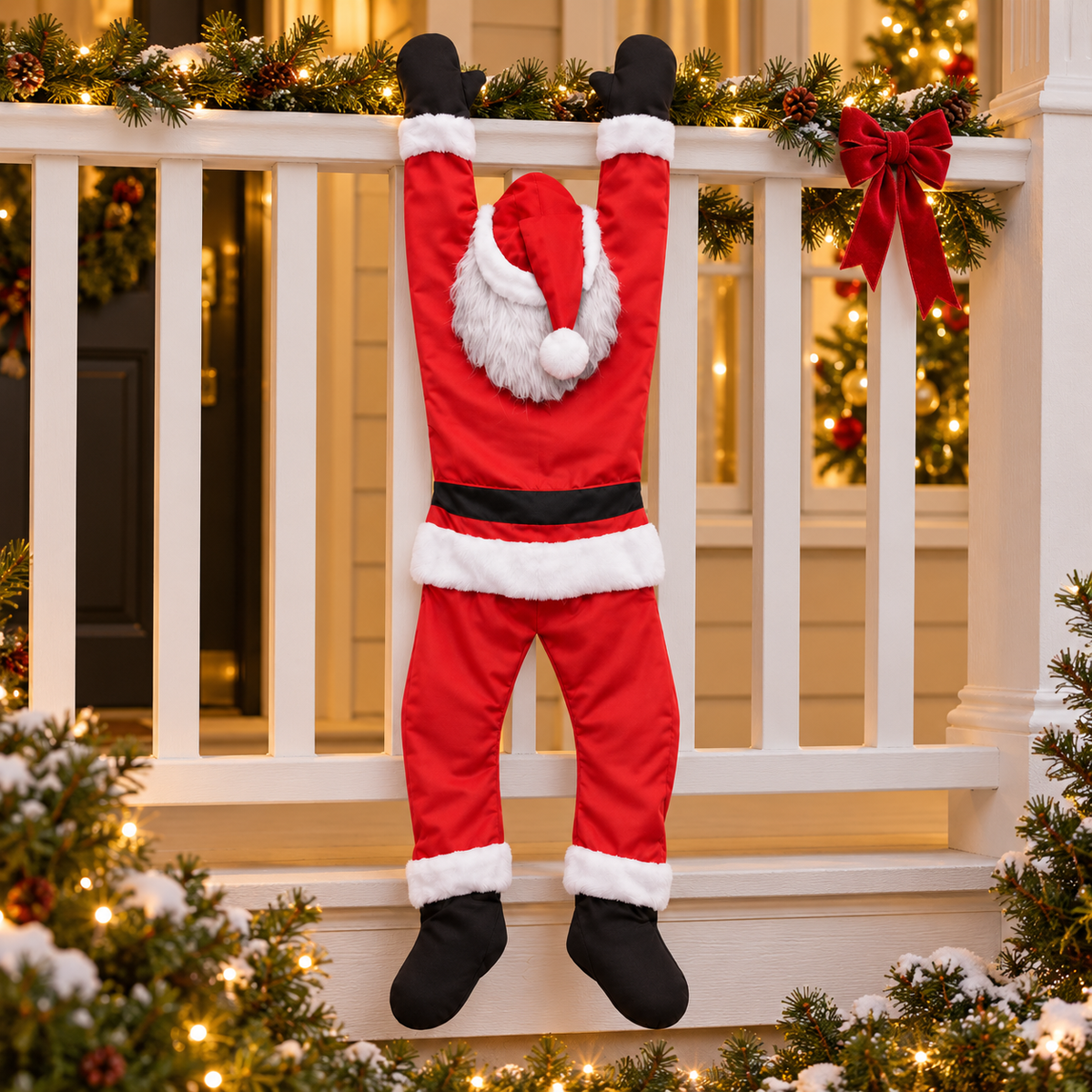 Classic Santa hanging from a festive porch railing